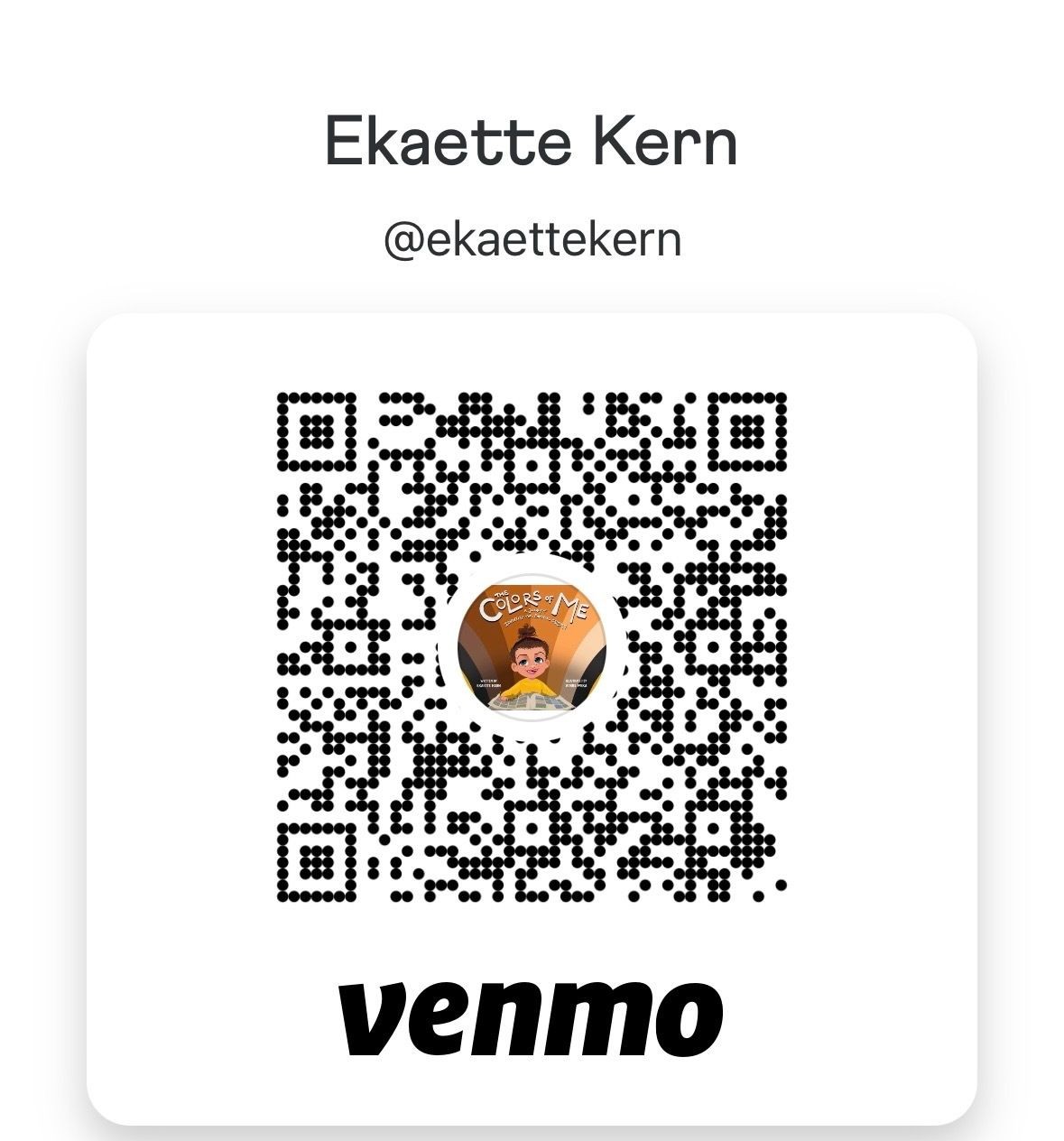 Venmo QR code for Ekaette Kern with a cartoon avatar in the center.